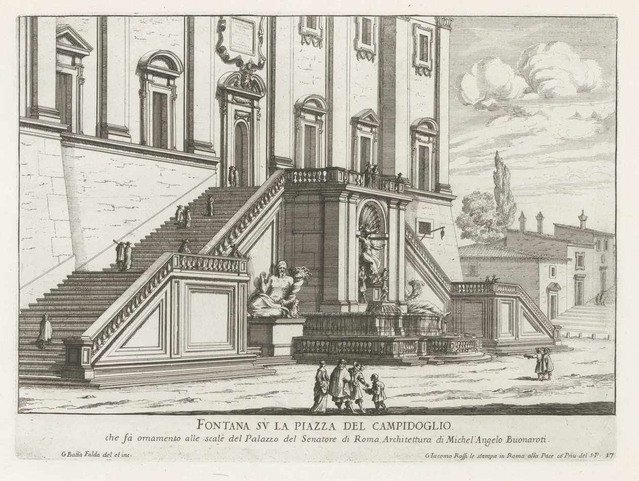 ローマの国会議事堂のパラッツォ セナトリオ前の噴水 Fontana su la Piazza del Campidoglio (オブジェクトのタイトル) Fontane di Roma (シリーズタイトル) ローマの噴水 (シリーズタイトル) 作： ジョヴァンニ・バッティスタ・ファルダ
