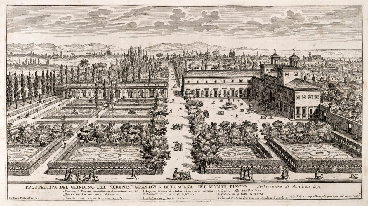 Giovanni Battista Falda (1640 または 1643-1678) による Li Giardni (The Gardens) からの彫刻、ローマのヴィラ メディチの庭園の展望 作： ジョヴァンニ・バッティスタ・ファルダ