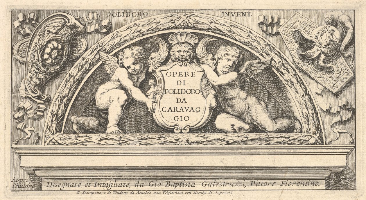 Poloidoro の後の版画シリーズのタイトルプレート、2 つのプッチで支えられた盾のタイトル、1658 年。 作： ジョバンニバティスタガレストルッツィ