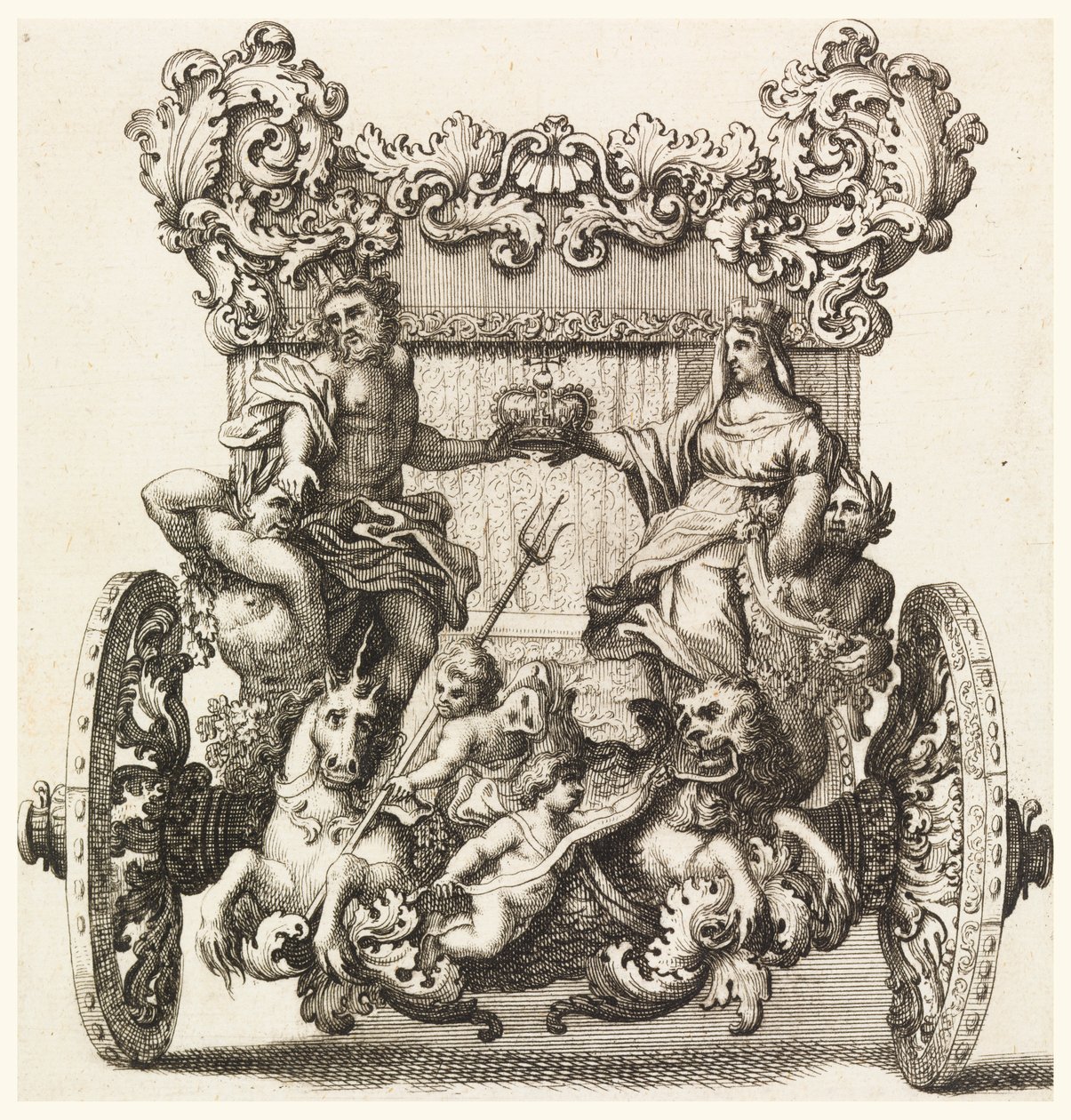 Ciro Ferri (1634-1689) にちなんで Andrea Cornely によって 1686 年に建てられた、Lord Catelmaine の最初の馬車の背面図 作： ジョバンニ・バッティスタ・レナルディ