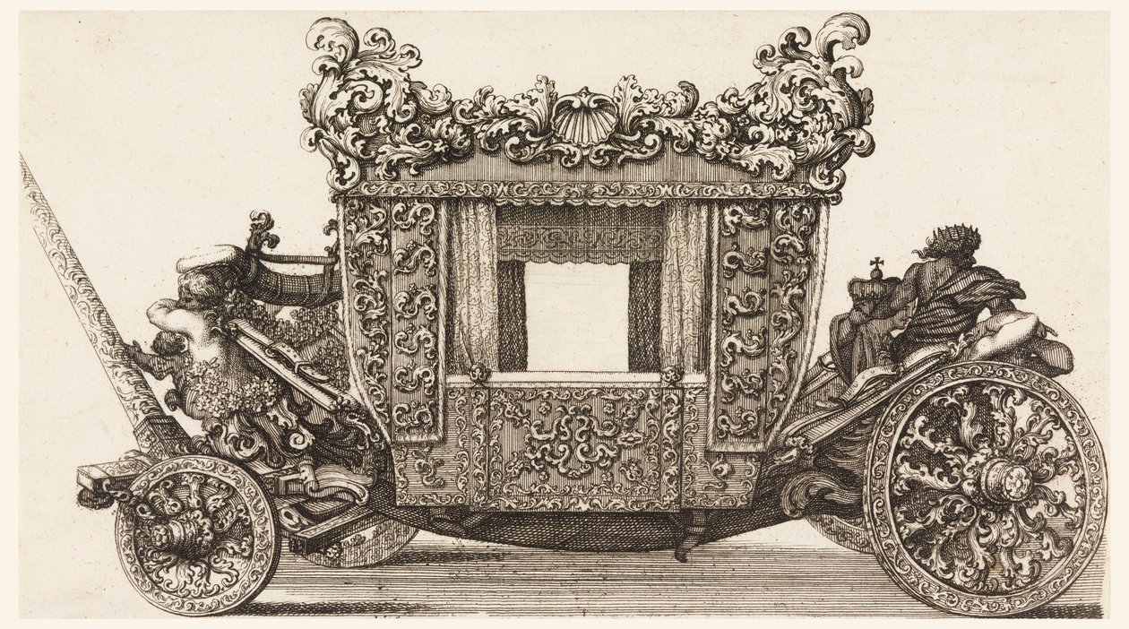 カステルメイン卿の最初の馬車 (1686 年) の側面図、1687 年から 1700 年にチロ フェッリにちなんでアンドレア コーネリーによって 1686 年に建てられました。 作： ジョバンニ・バッティスタ・レナルディ