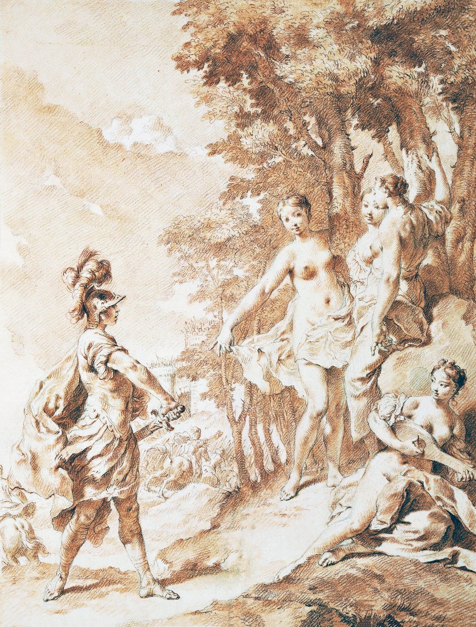魅惑の森の入り口に立つタンクレディ、ジョヴァンニ・バッティスタ・ピアゼッタ（1682-1754）作『トルカート・タッソの届けたエルサレム』の一場面、悲壮感漂う 作： ジョヴァンニ・バッティスタ・ピアゼッタ