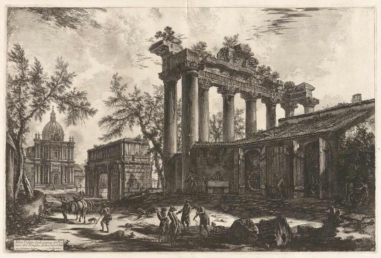 Altra Veduta degli avanzi del Pronao del Tempio del Concordia (コンコルド神殿 [左背景にセプティミウス セウェルスの凱旋門がある土星神殿] のプロナオス遺跡の別の眺め)、Vedute di Roma (ローマの眺め) より 作： ジョバンニ・バッティスタ・ピラネージ