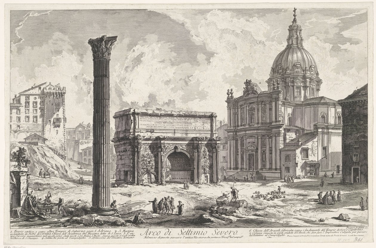 ブーグ ヴァン セプティミウス セウェルス オプ ヘット フォロ ロマーノム Arch of Septimius Sever (...) (オブジェクトのタイトル) Gezichten op Rome (シリーズタイトル) Giambattista Piranesi の建築家 Ve (nez) iano (シリーズ タイトル) によって設計および彫刻されたローマの景色 作： ジョバンニ・バッティスタ・ピラネージ