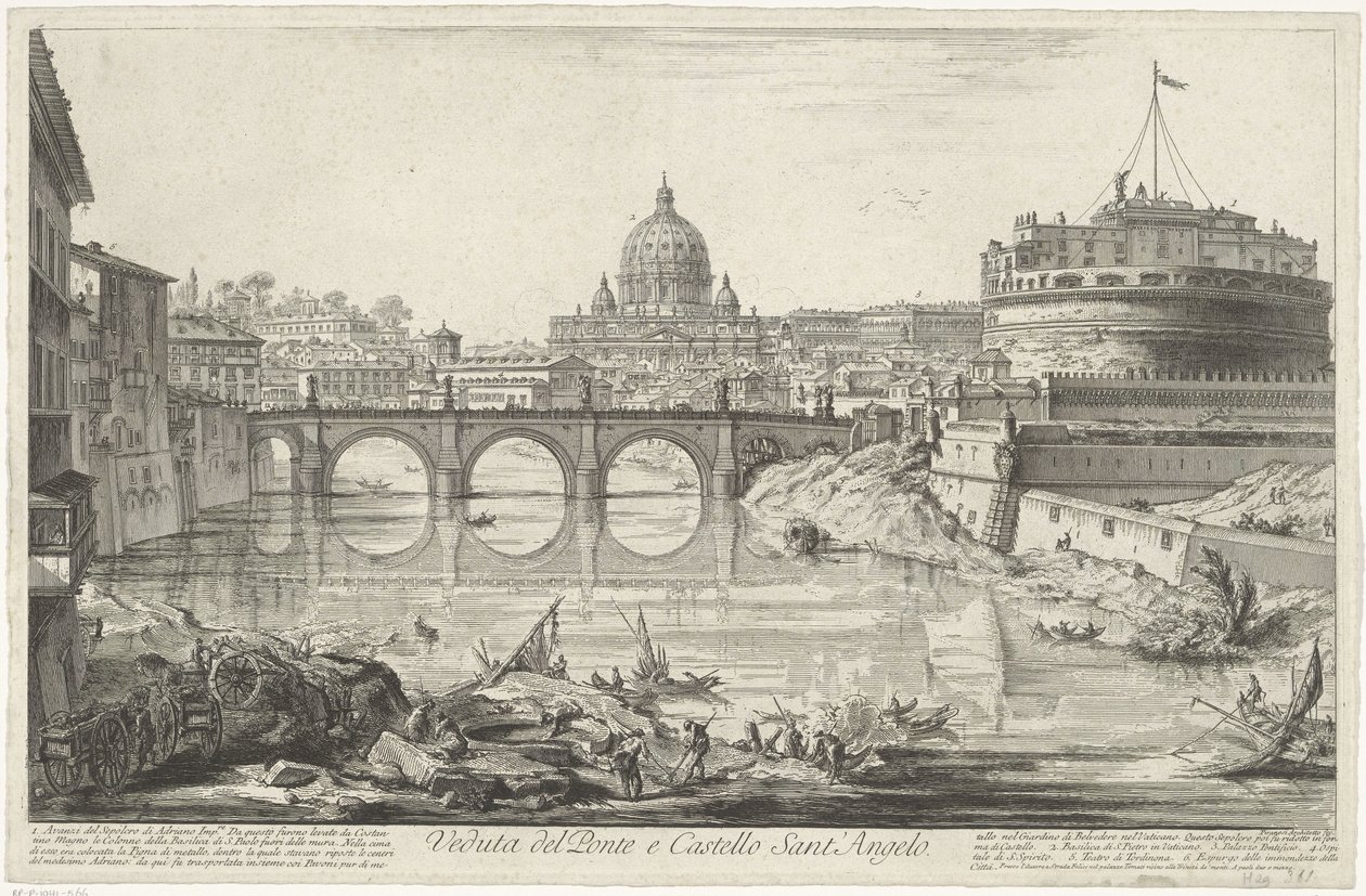 Engelenbrug en Engelenburcht te Rome サンタンジェロ橋と城の眺め (オブジェクトのタイトル) Gezichten op Rome (シリーズタイトル) Giambattista Piranesi の建築家 Ve(nez)iano によって描かれ彫刻されたローマの景色 (シリーズ タイトル) 作： ジョバンニ・バッティスタ・ピラネージ