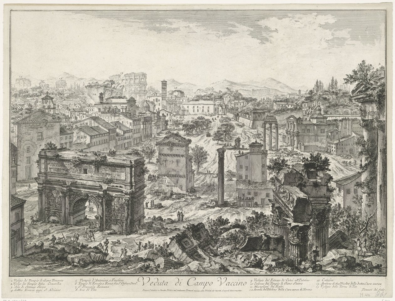 フォーラム ロマヌム テ ローマ カンポ ヴァチーノの眺め (オブジェクトのタイトル) Gezichten op Rome (シリーズタイトル) Giambattista Piranesi の建築家 Ve(nez)iano によって描かれ彫刻されたローマの景色 (シリーズ タイトル) 作： ジョバンニ・バッティスタ・ピラネージ