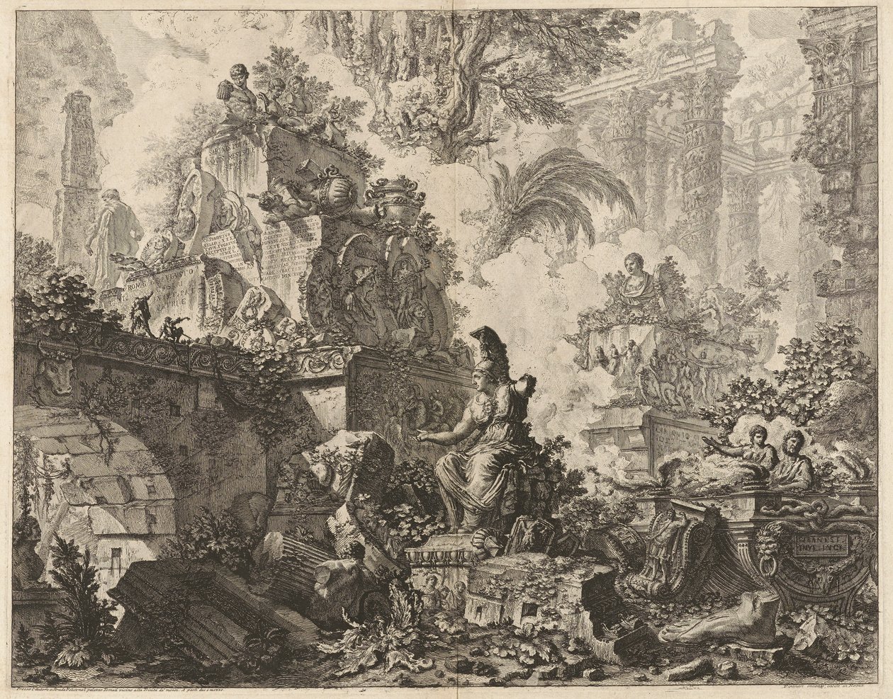口絵、中央前景にミネルヴァの像がある廃墟の幻想、Vedute di Roma (Views of Rome) より 作： ジョバンニ・バッティスタ・ピラネージ