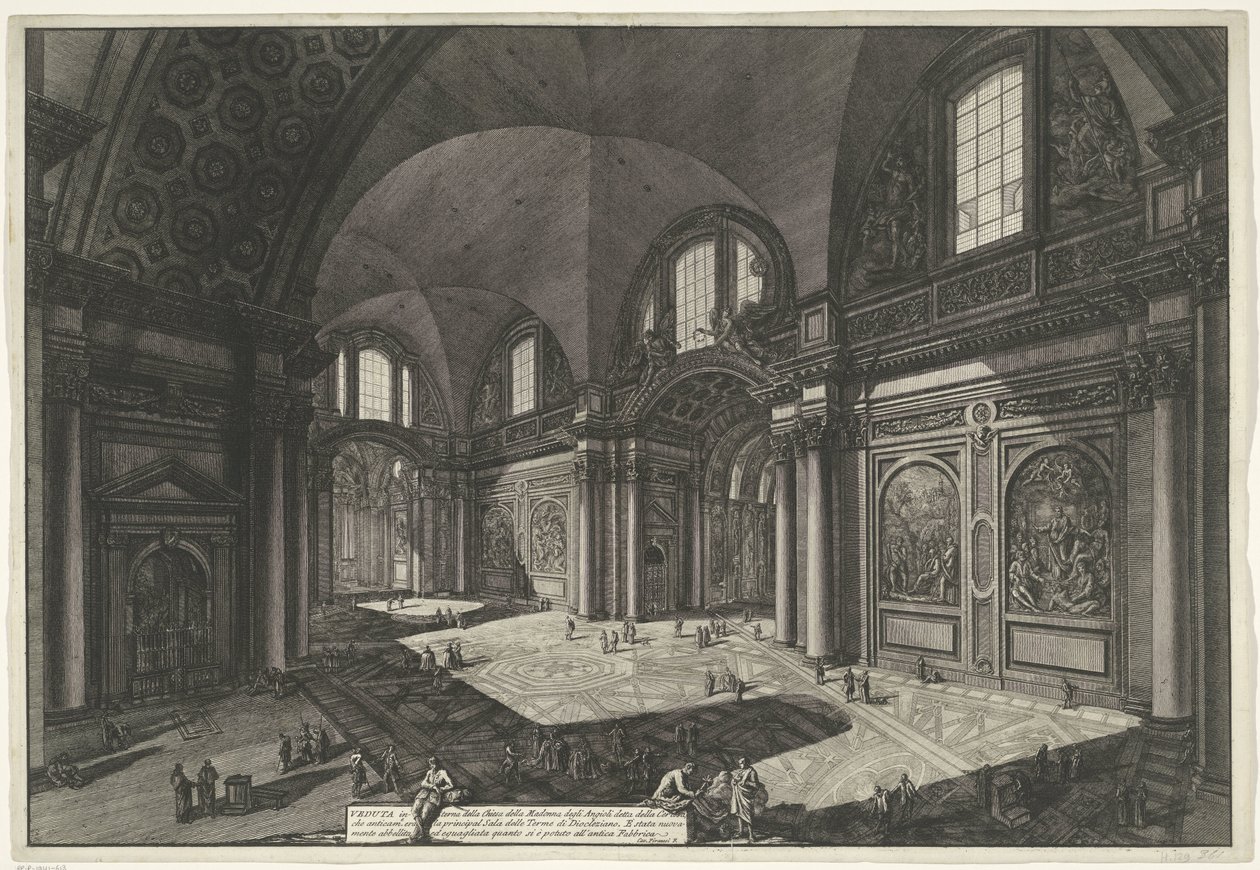 Interieur van de Santa Maria degli Angeli e dei Martiri te Rome 以前はディオクレティアヌス浴場のメイン ホールであったチェルトーザのマドンナ デッリ アニオリ教会の内部ビュー (オブジェクトのタイトル) Gezichten op Rome (シリーズタイトル) 作： ジョバンニ・バッティスタ・ピラネージ