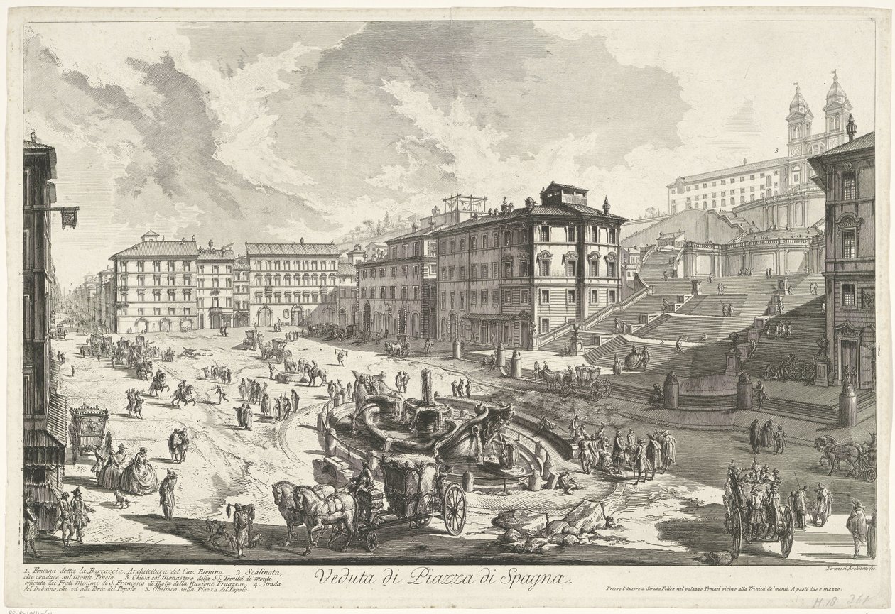 ローマのスペイン階段 スペイン階段の眺め (オブジェクトのタイトル) Gezichten op Rome (シリーズタイトル) Giambattista Piranesi の建築家 Ve(nez)iano によって描かれ彫刻されたローマの景色 (シリーズ タイトル) 作： ジョバンニ・バッティスタ・ピラネージ