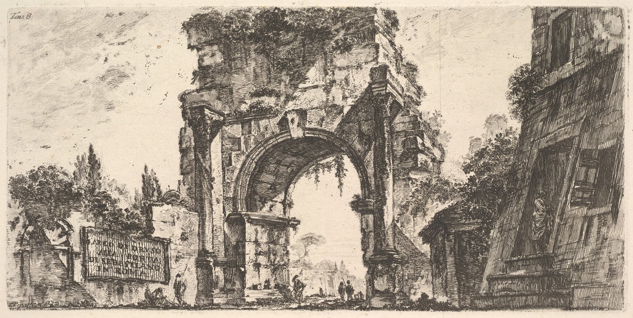 プレート8：ローマのポルタS.セバスティアーノにあるドルーサのアーチポルタdにあるドルーサのアーチ...、ca。 1748年。 作： ジョバンニ・バッティスタ・ピラネージ