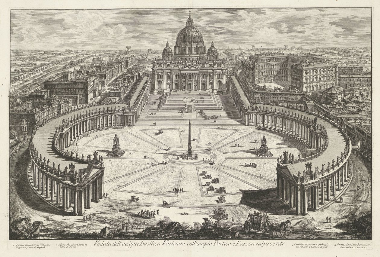 Sint-Pietersplein met de Sint-Pietersbasiliek te Vaticaanstad 大きなポルティコと隣接する広場がある有名なバチカン大聖堂の眺め (オブジェクトのタイトル) Gezichten op Rome (シリーズタイトル) Giambattista Piranesi アークによって描かれ、刻まれたローマの景色 作： ジョバンニ・バッティスタ・ピラネージ