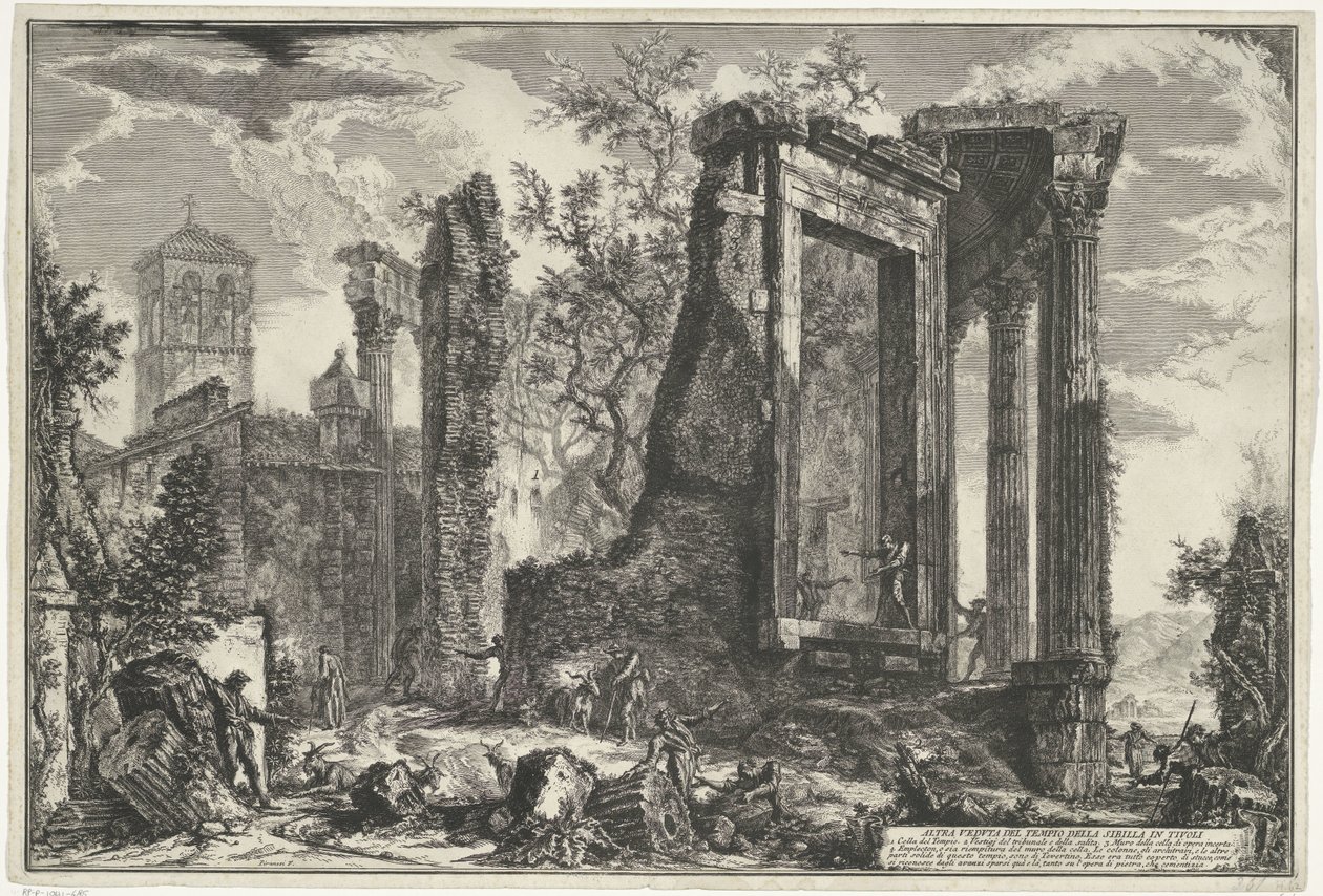 Tempel van Vesta en de Tempel van de Tiburtijnse Sibille in Tivoli チボリのシビラ神殿の別のビュー (オブジェクトのタイトル) Gezichten op Rome (シリーズタイトル) Giambattista Piranesi の建築家 Ve(nez)iano (時代) によって描かれ彫刻されたローマの景色 作： ジョバンニ・バッティスタ・ピラネージ