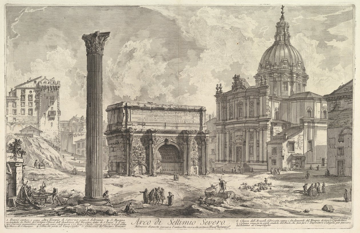 右にサンタ・マルティーナ教会を伴うセプティミウス・セウェルスの凱旋門（Arco di Settimio Severo）、「Vedute di Roma」より 作： 