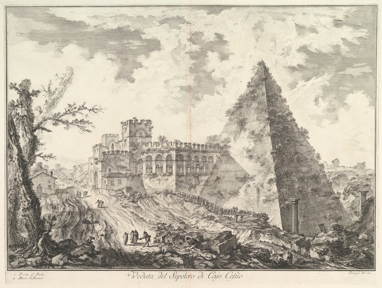 Caius Cestiusのピラミッド、Porta S. Paoloと隣接する道路Veduta del S ...、ca。 1755年。 作： ジョバンニ・バッティスタ・ピラネージ