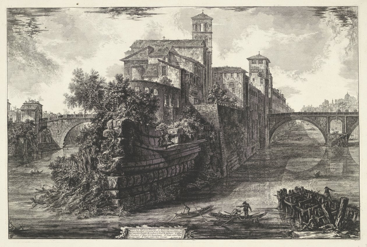 ティベレイランド テ ローマ テベレ島の眺め (オブジェクトのタイトル) Gezichten op Rome (シリーズタイトル) Giambattista Piranesi の建築家 Ve (nez) iano (シリーズ タイトル) によって設計および彫刻されたローマの景色 作： ジョバンニ・バッティスタ・ピラネージ