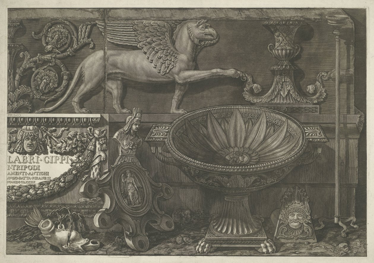 彫刻、彫刻が施されたレリーフ、タイトル付きの石棺を含むタイトルプリント（右部分） Giovanni Battista Piranesi (シリーズ タイトル) によって設計および彫刻された、花瓶、燭台、墓石、石棺、三脚、ランプ、装飾品 Vasi、candelabri、c 作： ジョバンニ・バッティスタ・ピラネージ