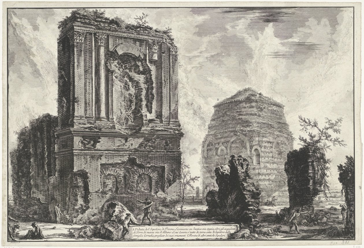 Tombes van Licinianus Piso en de Cornelius familie langs de Via Appia Gezichten op Rome (シリーズタイトル) Giambattista Piranesi の建築家 Ve(nez)iano によって描かれ彫刻されたローマの景色 (シリーズ タイトル) 作： ジョバンニ・バッティスタ・ピラネージ