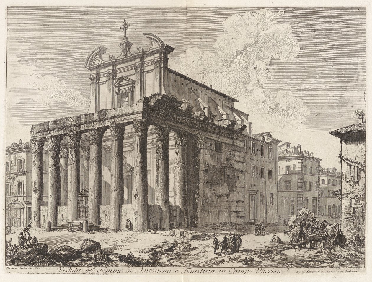 Vedute di Roma (ローマの眺め) から、カンポ ヴァチーノのアントニヌスとファウスティナの神殿の眺め (フォロ ロマーノのアントニヌスとファウスティナの神殿の眺め) 作： ジョバンニ・バッティスタ・ピラネージ