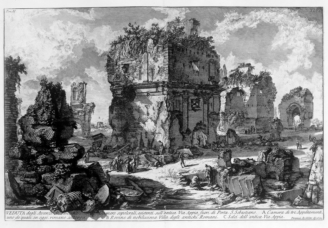 ローマのアッピア通りにある墓の風景。ジョヴァンニ・ピラネージ（ピラネーゼ）（1720-1778）の作図。1756 作： ジョバンニ・バッティスタ・ピラネージ