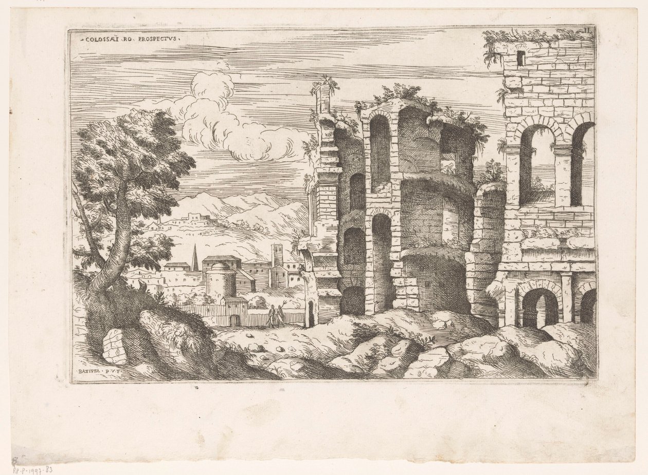 Gezicht op het Colosseum en omgeving te Rome コロッセオ ro 目論見書 (オブジェクトのタイトル) ローマの遺跡（シリーズタイトル） ローマ古代のいくつかの重要なモニュメント (...) (シリーズタイトル) 作： ジャンバッティスタピトーニ（I）