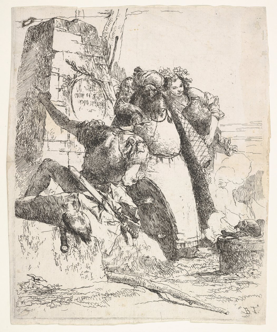 ネクロマンシーのシーン: 船を背負った女性、ターバンを巻いた男性、兵士の姿..., ca. 1743-57。 作： ジョバンニ・バティスタ・ティエポロ