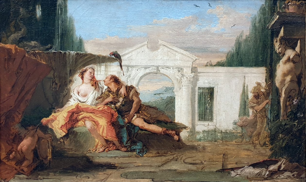 ドイツ語  Rinaldo und Armida im Zaubergarten Armidas, von Carlo und Ubaldo belauscht リナルドとアルミーダ、アルミーダの魔法の庭で、カルロとウバルドに盗み聞きされる。 作： ジョバンニ・バティスタ・ティエポロ