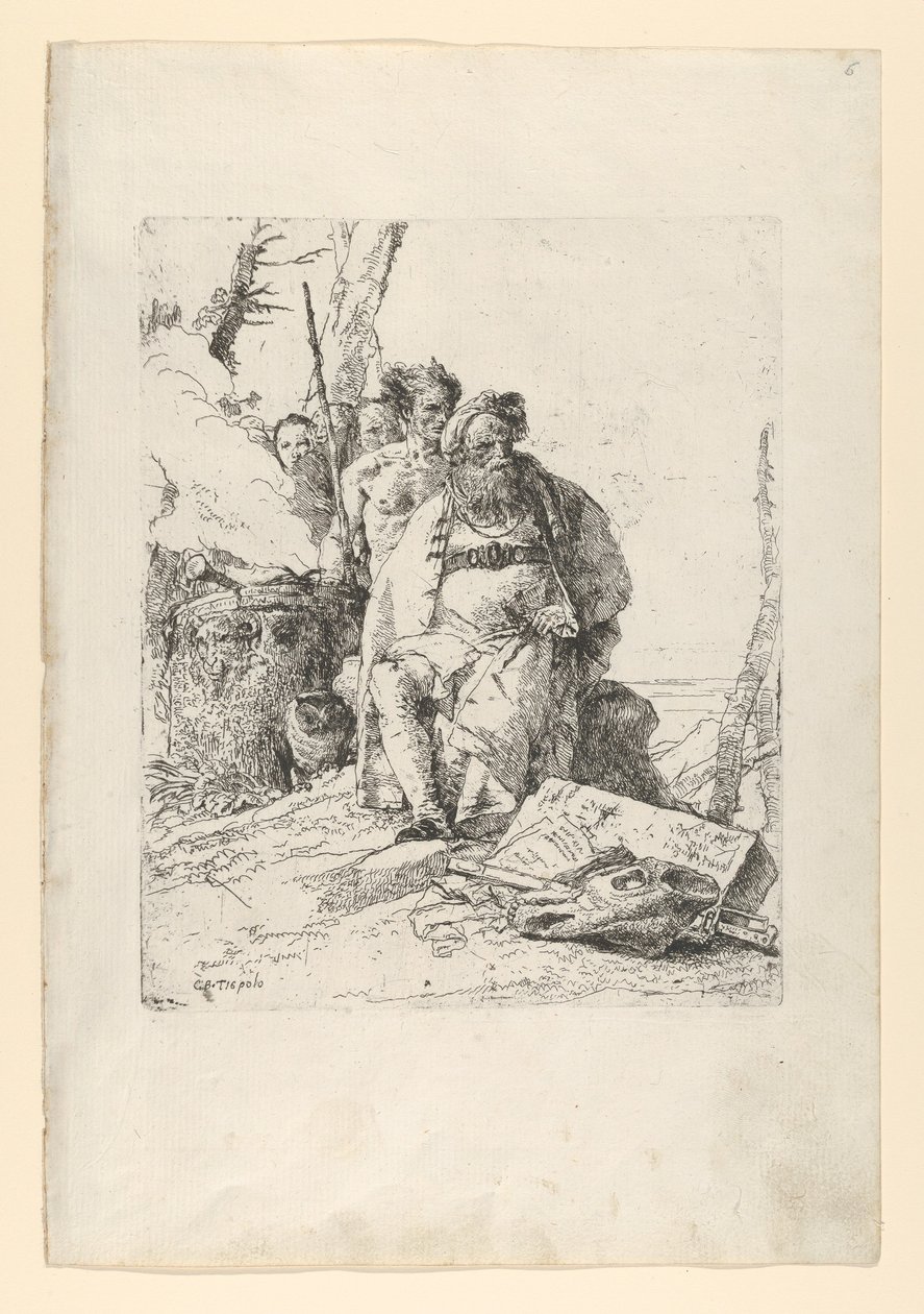 スケルツィの煙る祭壇の近くに 4 人の人物を持つ魔術師、カリフォルニア州。 1743-52。 作： ジョバンニ・バティスタ・ティエポロ
