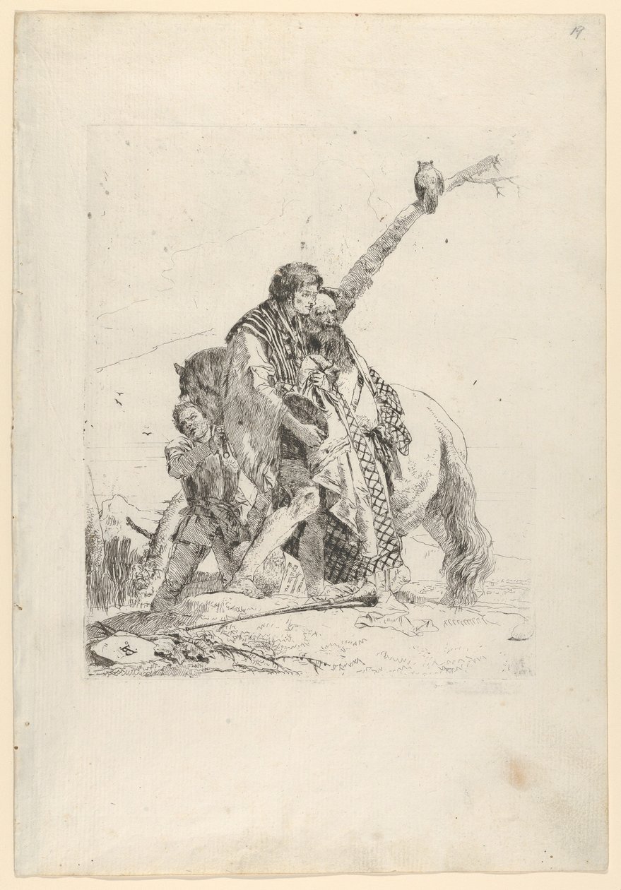 馬のそばに立つ 3 人の男性、スケルツィ美術館、カリフォルニア州。 1740年。 作： ジョバンニ・バティスタ・ティエポロ