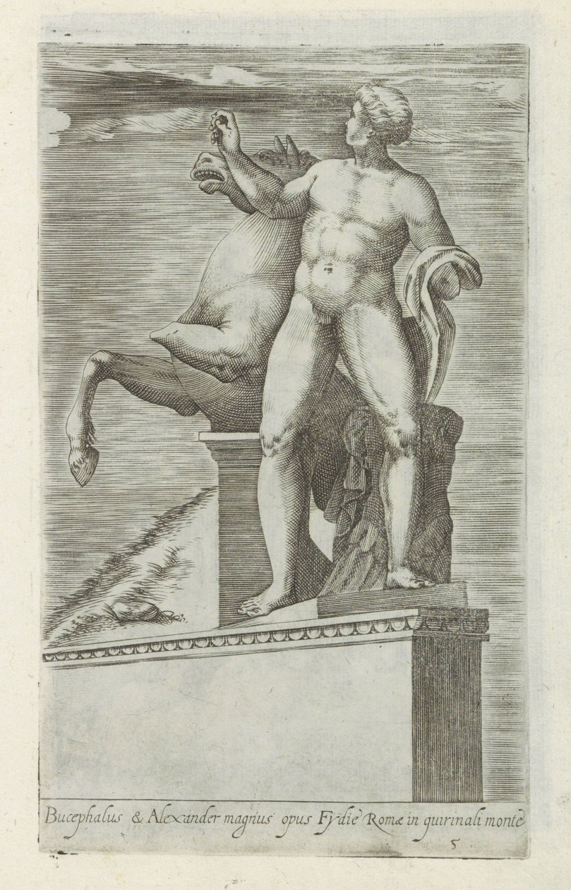 彫刻家 van een van de Dioscuren op het Quirinaal te Rome Bucephalus & Alexander の偉大な作品 (...) (オブジェクトのタイトル) ローマのアンティーク彫刻（シリーズタイトル） 公共の場所で見られるローマ市の古代の彫像のアイコン (シリーズ タイトル) 作： ジョバンニ・バティスタ・デカバリエリ