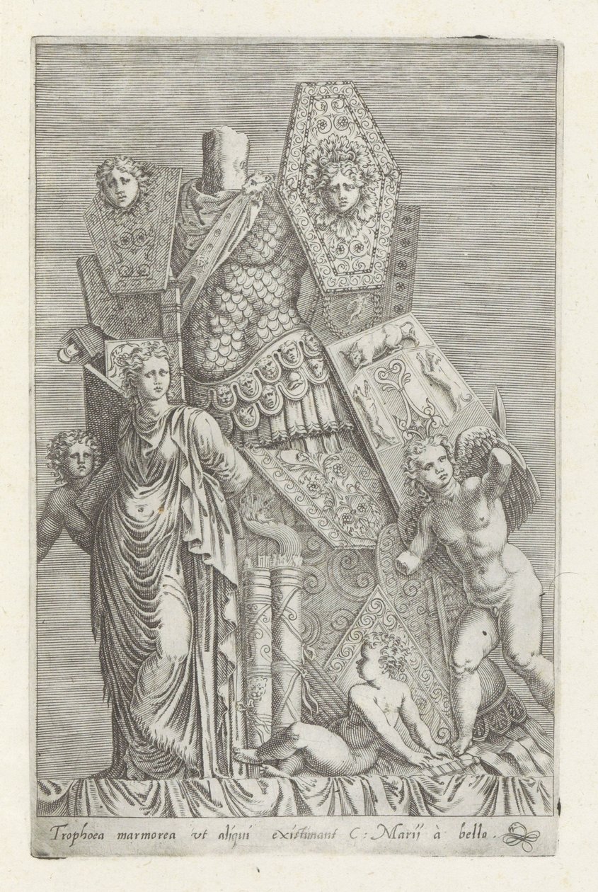 Trofee van wapans, een vrouwenfiguur en engelen 一部の人が考える大理石のトロフィー (...) (オブジェクトのタイトル) ローマのアンティーク彫刻（シリーズタイトル） 公共の場所で見られるローマ市の古代の彫像のアイコン (シリーズ タイトル) 作： ジョバンニ・バティスタ・デカバリエリ