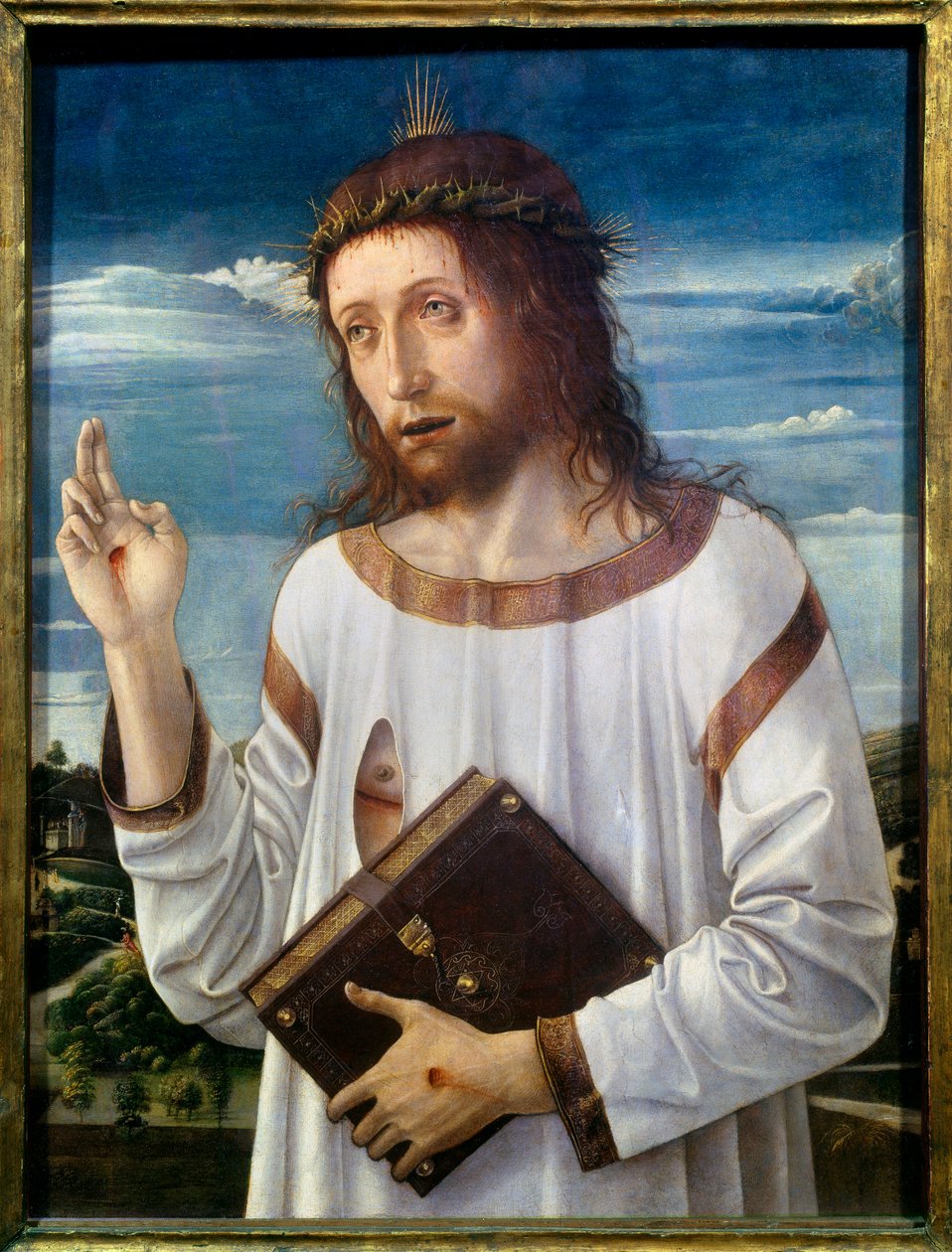 キリストのベンチの絵 ジョヴァンニ・ベリーニ（イル・ジャンベッリーノ）（1430-1516） 1460年 日0,58x0,46 m - Christ Blessing.ジャンベッリーノと呼ばれるジョヴァンニ・ベリーニ（1430-1516）の絵画 1460年0.58 x 0.46 m. ルーヴル美術館（パリ）。 作： ジョバンニ・ベリーニ