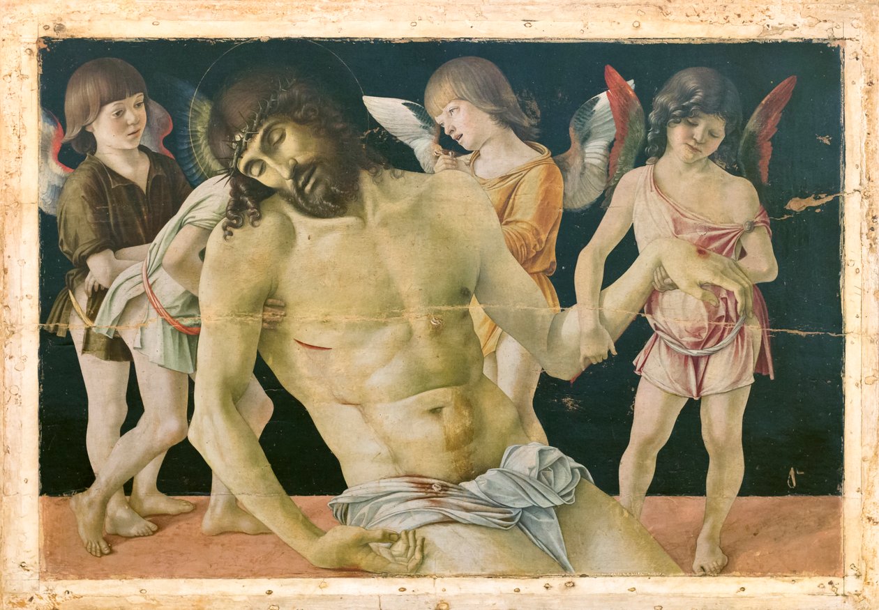 天使に支えられた死んだキリスト、1475年頃（木の板に油とテンペラ） 作： ジョバンニ・ベリーニ