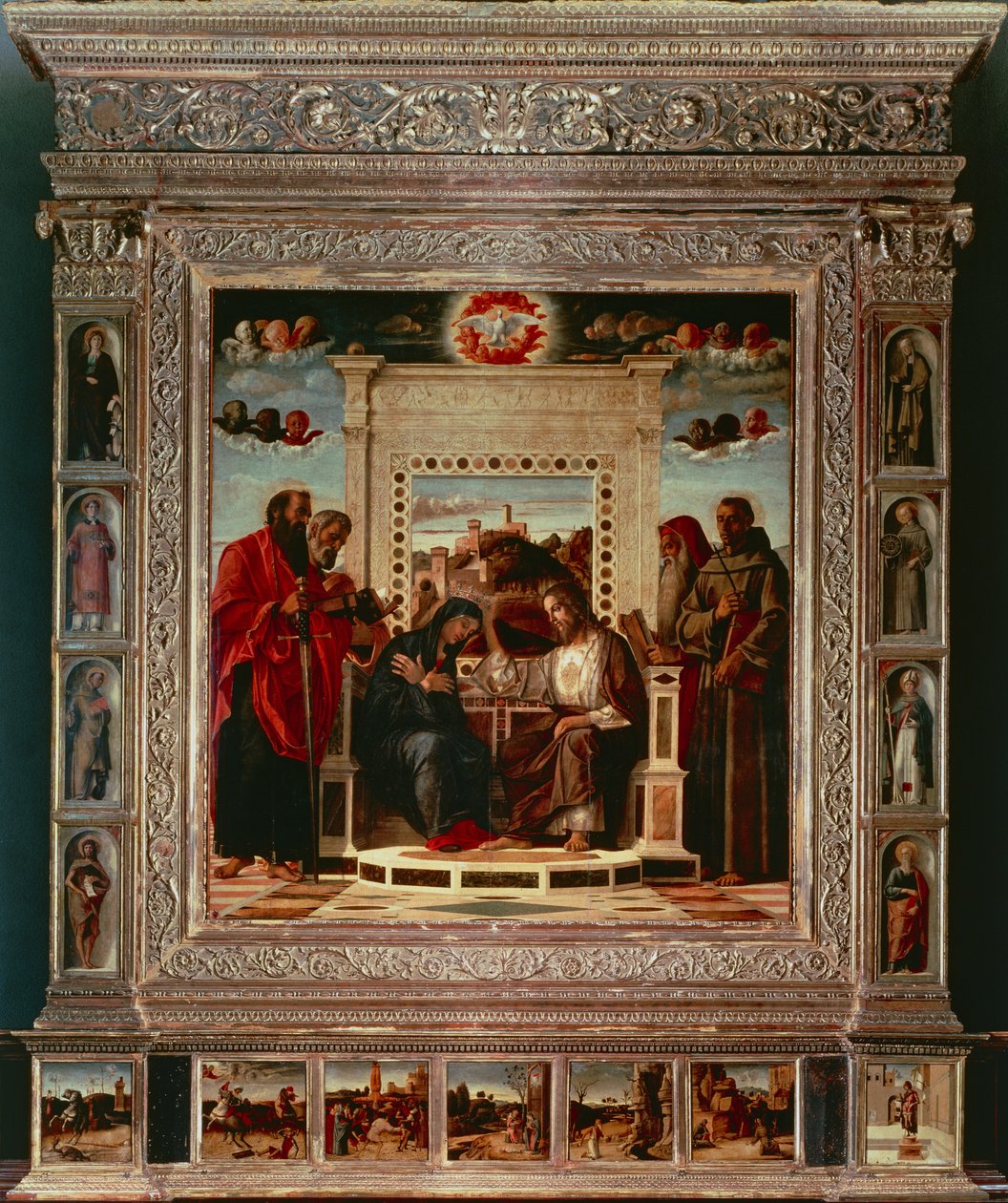 Giovanni Bellini (1431-36 - 1516) による Pesaro 祭壇画、キャンバスに油彩、262x240 cm、詳細、1475 年頃 作： ジョバンニ・ベリーニ