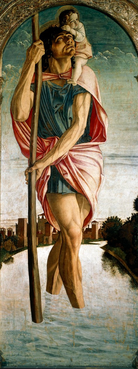 聖ヴィンセント・フェリエ（Vicent Ferrer, ビセンテ・フェリエ）（1350-1419）のポリプティック。"Saint Christopher" 左側のパネル。ジョヴァンニ・ベッリーニ（1432頃-1516）dit il Giambellino 1464-1468日の木に描かれた絵。167x67 cm ヴェネツィア、Chiesa dei Santi Giovanni e P 作： ジョバンニ・ベリーニ