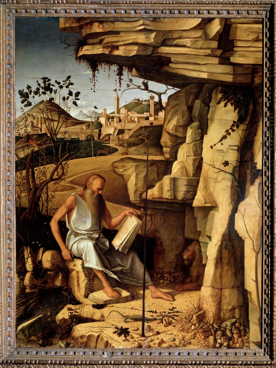 砂漠の聖ジェローム 絵画 ジョヴァンニ・ベッリーニ（イル・ジャンベッリーノ）（約1430-1516） 1479年 薄暗い 145x114 cm フィレンツェのピッティ宮殿 作： ジョバンニ・ベリーニ