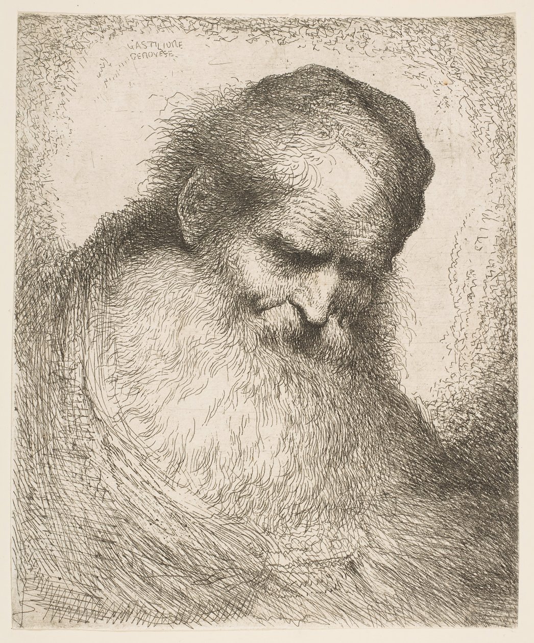 シリーズ「Heads in Or...」より、右を見下ろす帽子をかぶったあごひげを生やした男性。 1648-50。 作： ジョバンニベネデットカスティリオーネ