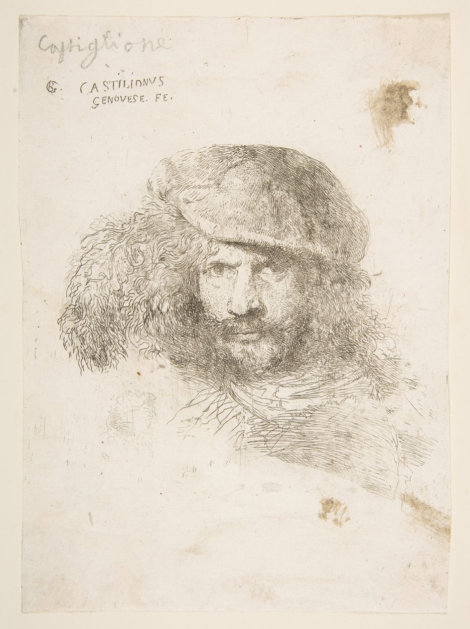 ベルニーニの羽毛の帽子をかぶった男の頭、おそらく自画像... 1645-1650。 作： ジョバンニベネデットカスティリオーネ