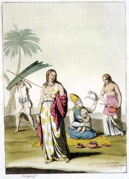インドの家族（1820年代〜30年代に出版されたジュール・フェラリオ著「Le Costume Ancien et Moderne」より）（カラーリトグラフ 作： ジョバンニ・ビガッティ