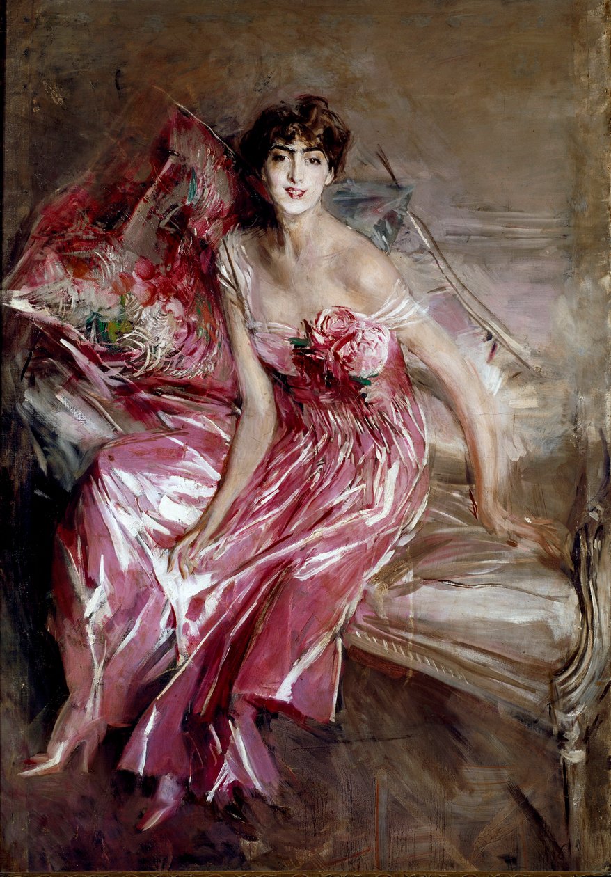 マダムオリビアコンチャデフォンテシラまたはジョヴァンニボルディーニによるピンクの絵画の女性の肖像画 作： ジョバンニ・ボルディーニ