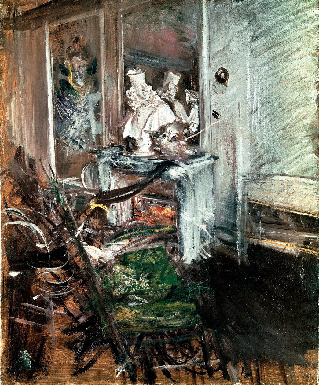 画家の部屋にあるベルニーニの「枢機卿」。ジョヴァンニ・ボルディーニ（1842-1931）による1899年頃の絵画。キャンバスに油彩。寸法：53x46cm。ピストイア、コレツィオーネ・ボルディーニ 作： ジョバンニ・ボルディーニ