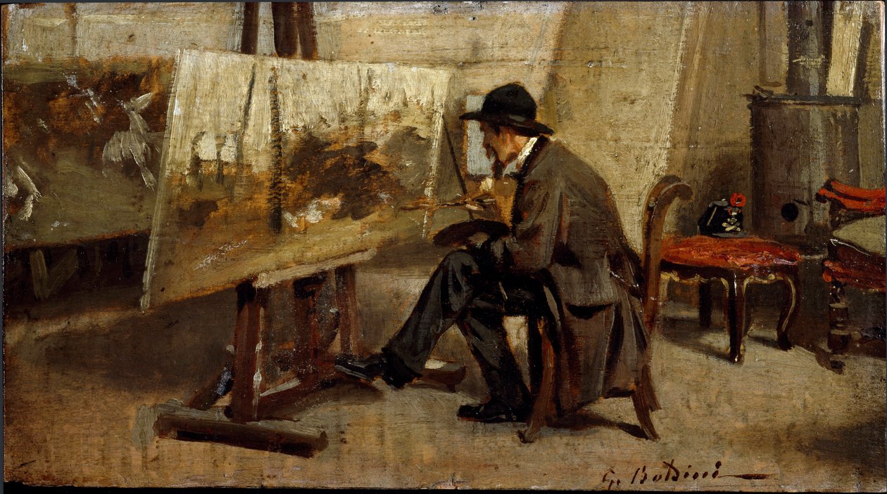 画家ジョヴァンニ・ファットーリの工房にて ジョヴァンニ・ボルディーニ（1842-1931）の作品とされる絵画 1863-1869年 日。13x24 cm ミラノ個人蔵 作： ジョバンニ・ボルディーニ
