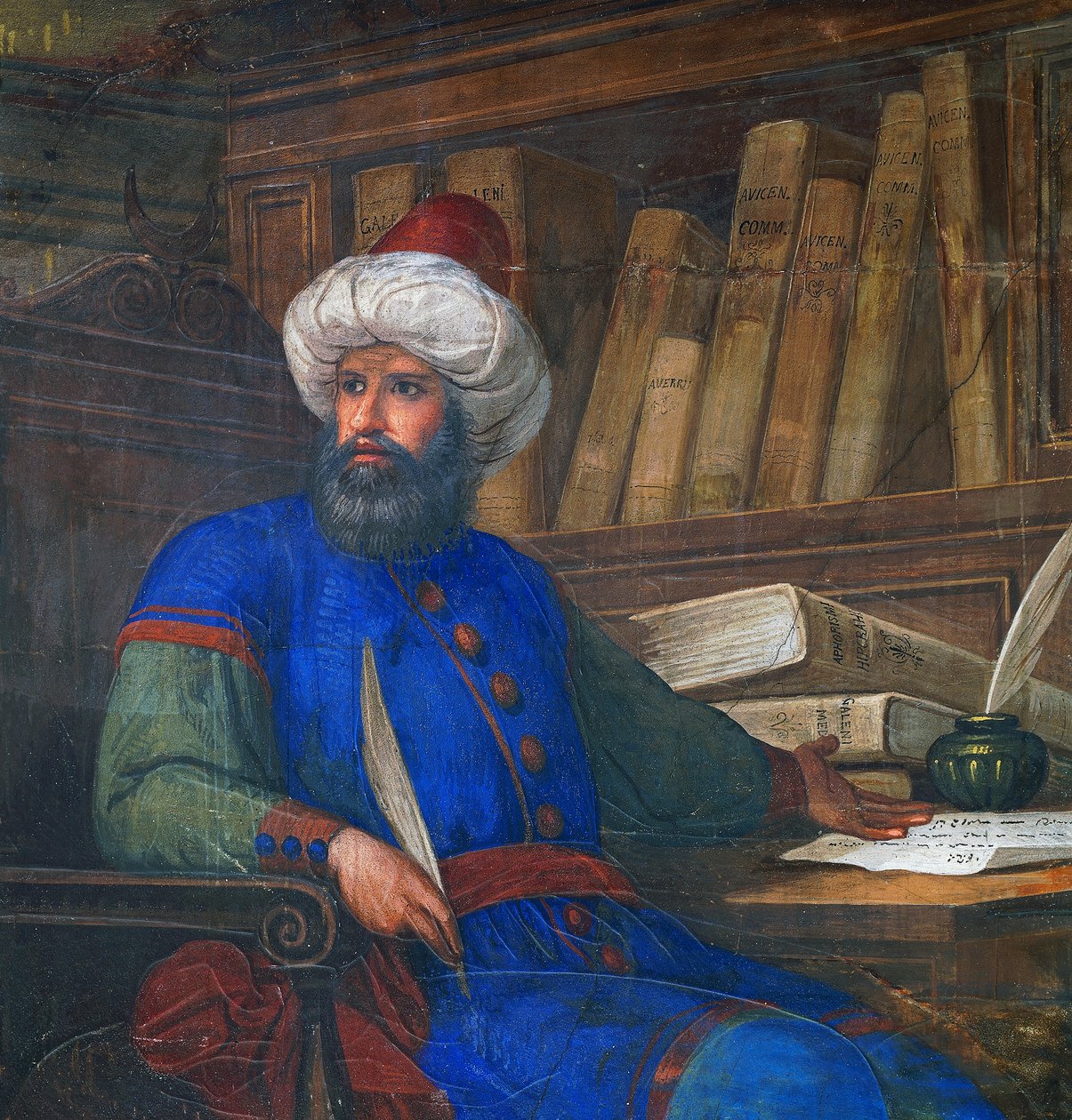 Andrea Alpago (1450-1522) の肖像画、医師および哲学者、Giovanni De Min (1786-1859) 作のフレスコ画、Town Hall、Belluno、Veneto、イタリア 作： ジョバンニ・デミン