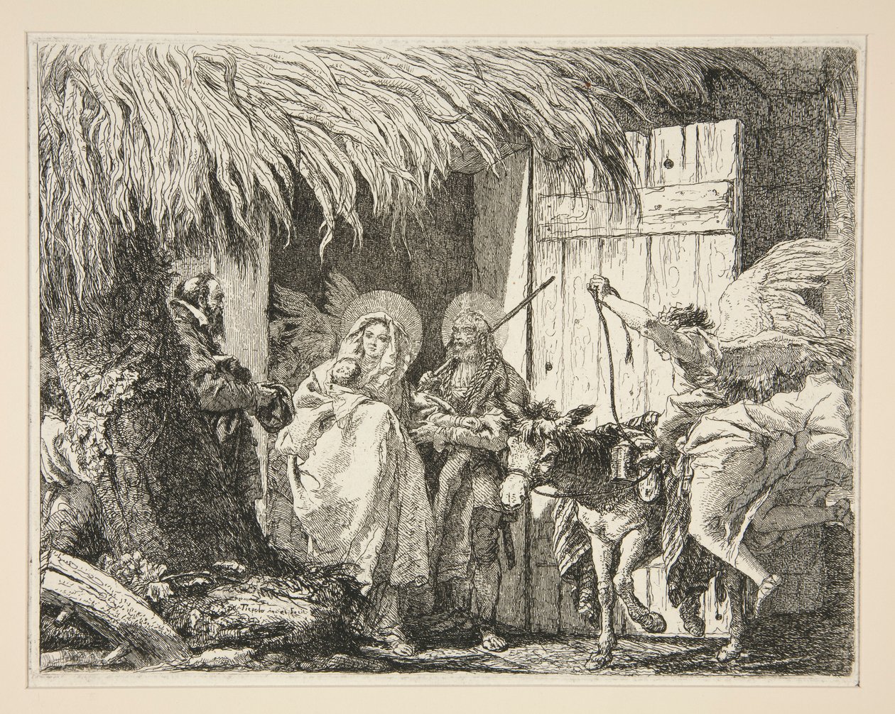 家の前のジョセフとメアリー、シリーズ Idee pittoresche sopra la fuga in Egitto (Flight into Egypt) より 作： ジョヴァンニ・ドメニコ・ティエポロ
