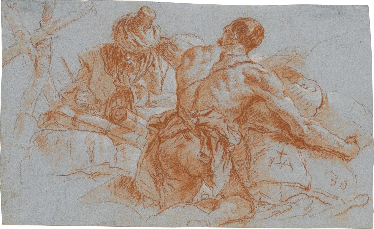 Orientalische Handelsleute mit Warenballen; verso: Skizze zu einem angewinkelten linken Arm 作： ジョヴァンニ・ドメニコ・ティエポロ