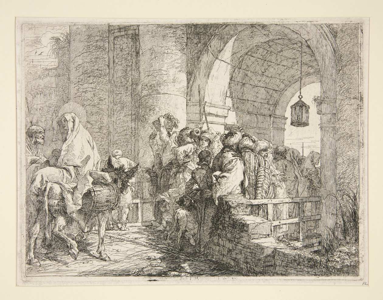 シリーズ Idee pittoresche sopra la fuga in Egitto (Flight into Egypt) より、町の門に聖家族が到着 作： ジョヴァンニ・ドメニコ・ティエポロ
