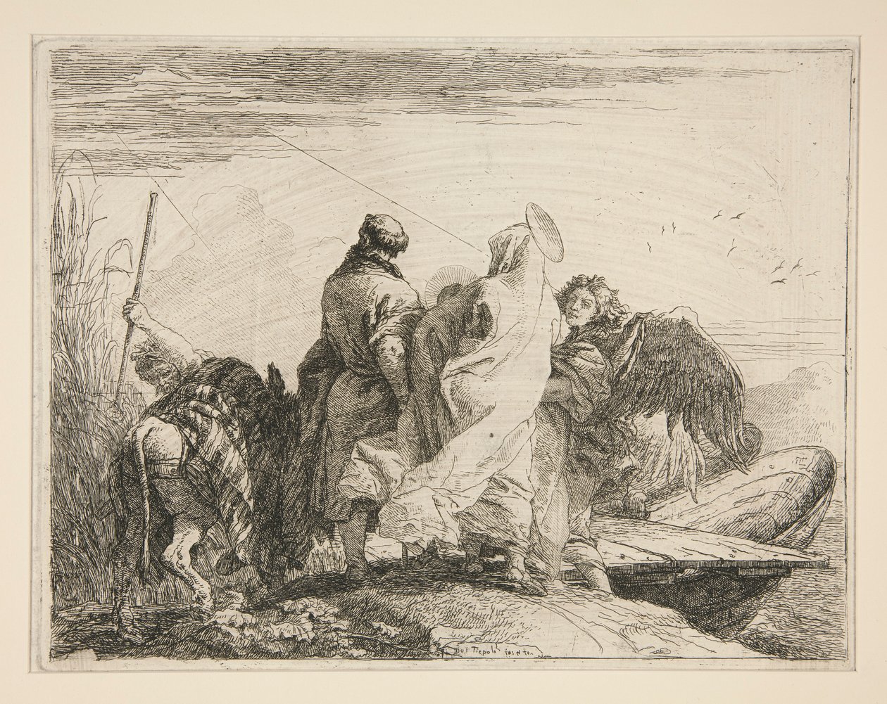 川の土手を離れる聖家族、シリーズ Idee pittoresche sopra la fuga in Egitto (Flight into Egypt) より 作： ジョヴァンニ・ドメニコ・ティエポロ