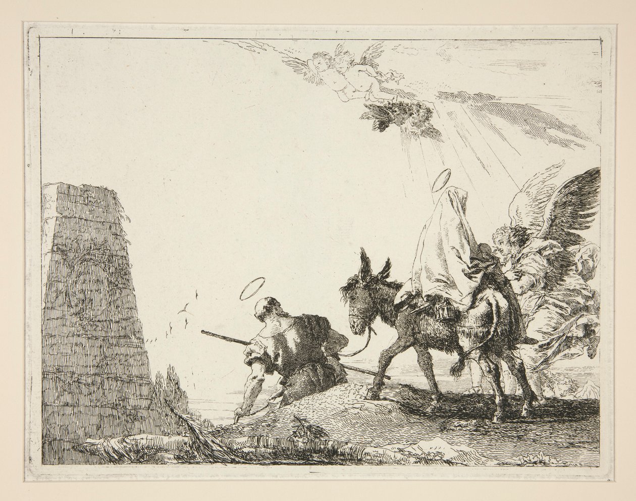 ピラミッドを通過する聖家族、シリーズ Idee pittoresche sopra la fuga in Egitto (Flight into Egypt) より 作： ジョヴァンニ・ドメニコ・ティエポロ