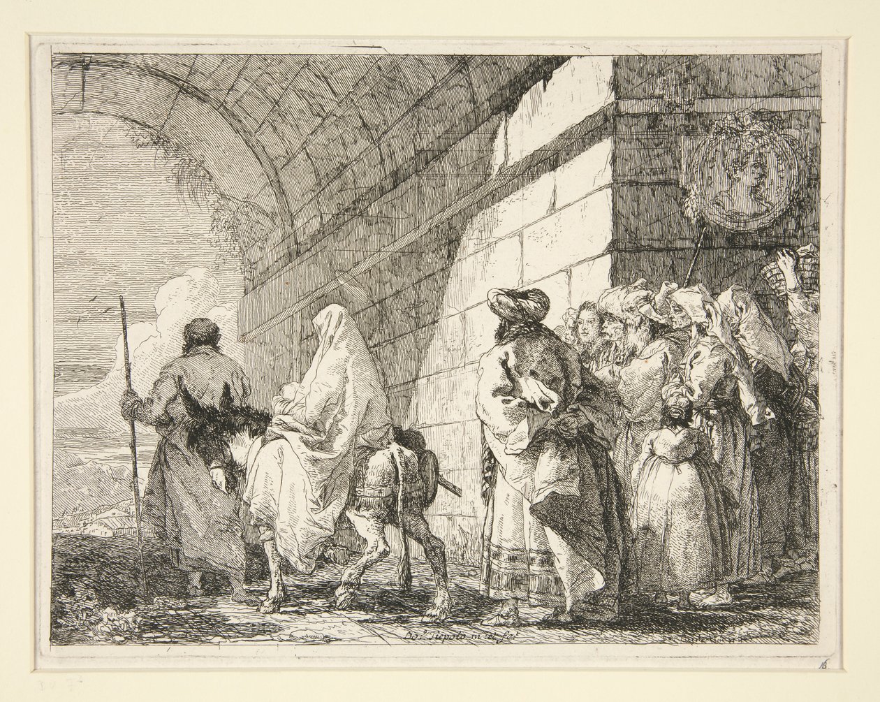 シリーズ Idee pittoresche sopra la fuga in Egitto (Flight into Egypt) からの聖家族がアーチの下を通過し、城門のそばを離れる 作： ジョヴァンニ・ドメニコ・ティエポロ