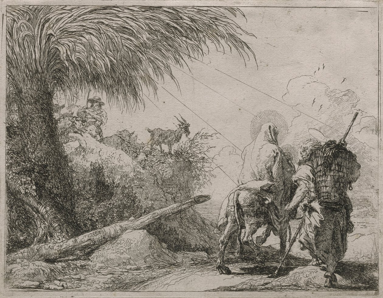 シリーズ Idee pittoresche sulla fuga in Egitto (Flight into Egypt) からの岩だらけの道の聖家族 作： ジョヴァンニ・ドメニコ・ティエポロ