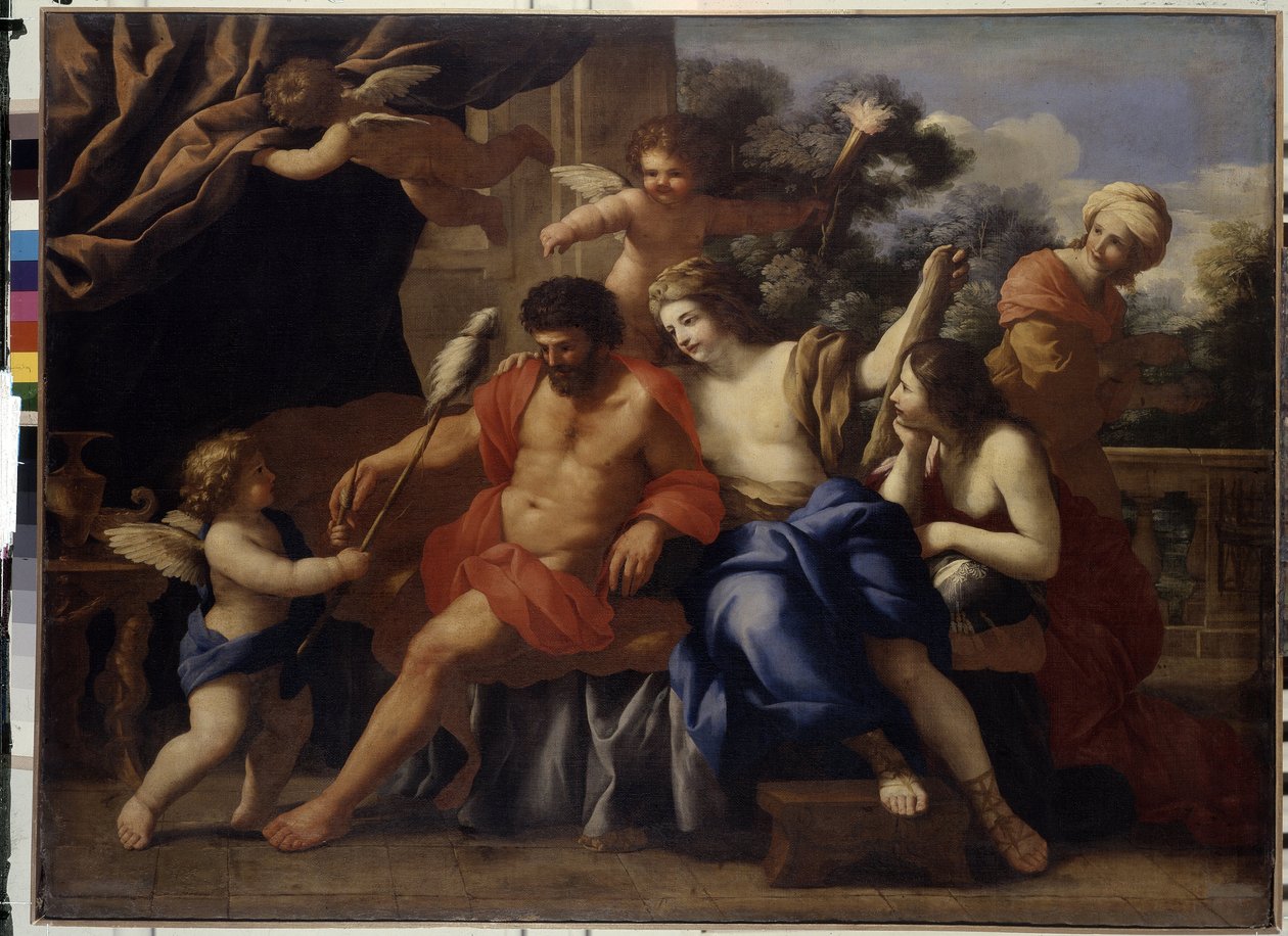 ヘラクレスとオンファレ（ヘラクレスとオンファレ）。 ジョヴァンニ フランチェスコ ロマネッリ (1610-1662) による絵画、キャンバスに油彩、1650 年頃。 イタリア美術 作： ジョヴァンニ・フランチェスコ・ロマネリ